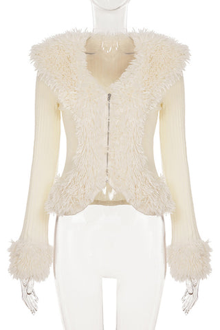 Zip-Front Faux Fur Trim Cardigan