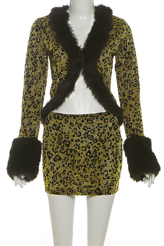 Faux Fur Trim Leopard Skirt Set