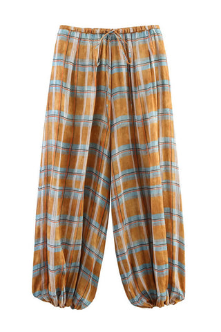 Elastic-Waist Plaid Casual Pants