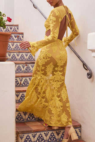 Plunge Neck Lace Dress with Florals