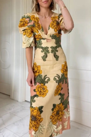 Floral Puff-Sleeve Midi Dress