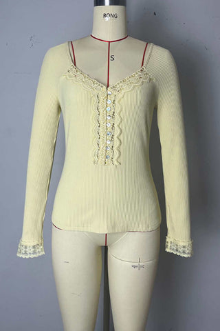 Lace-Trimmed V-Neck Ribbed Top