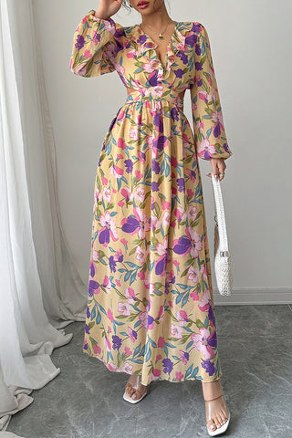 Floral Print V Neck Casual Maxi Dress