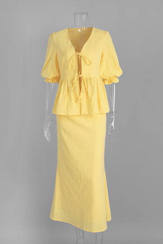 Tie-Front Puff Sleeve Skirt Set