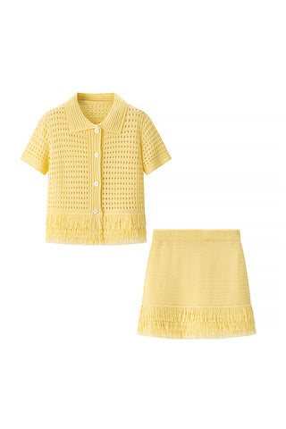 Fringe-Trimmed Skirt Set with Button Top