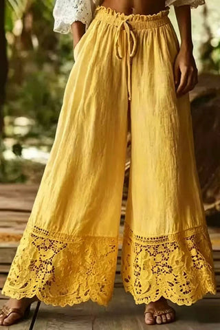Lace Trim Wide-Leg Casual Pants