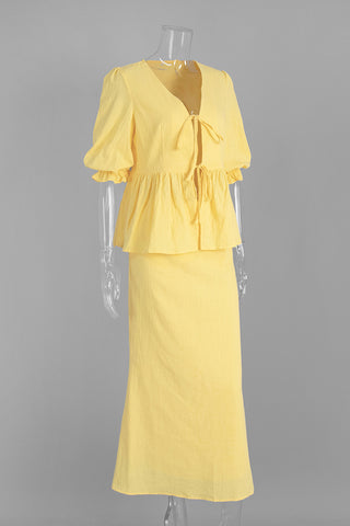 Tie-Front Puff Sleeve Skirt Set