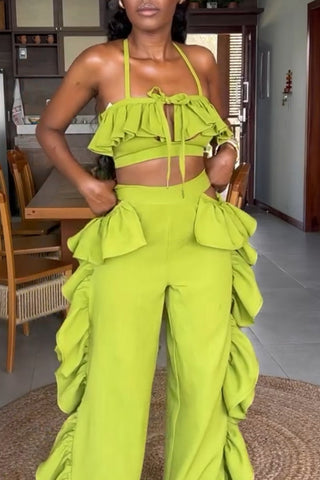 Ruffled Crop Top and Wide-Leg Pant Set
