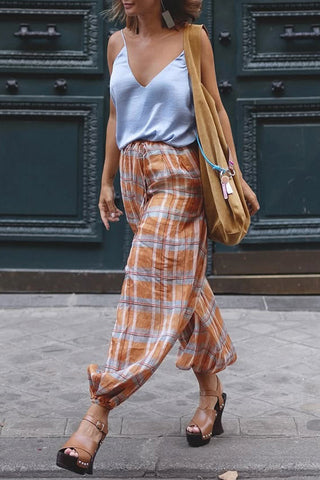 Elastic-Waist Plaid Casual Pants