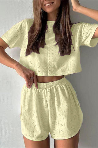 Eyelet Crop Top and Elastic Waist Shorts Set
