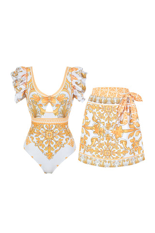 Print Ruffle Sleeve Swimsuit Set
