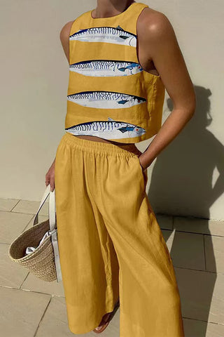 Fish Print Crop Top and Wide-Leg Pants Set