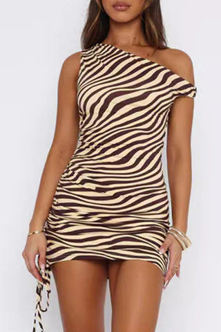 Zebra One-Shoulder Ruched Dress