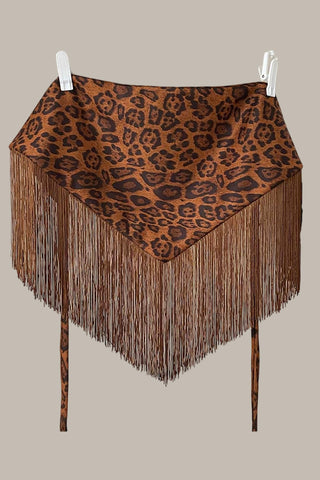 Leopard Print Fringe Tie-Waist Wrap Skirt