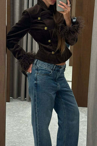 Velvet Military Button Mock Neck Coat