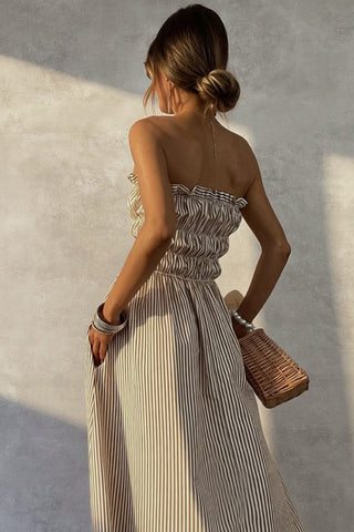 Striped Smocked Strapless Maxi Casual Dress