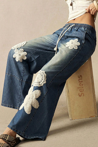 Floral Crochet Applique Drawstring Baggy Jeans