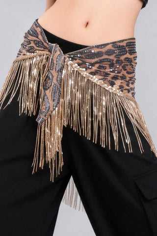 Leopard Sequin Fringe Wrap Belt