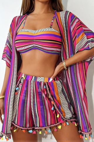 Vibrant Striped Bikini Set with Cover-Up