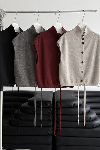 Collared Ribbed Knit Button-Front Vest