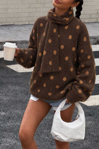 Polka Dot Knit Sweater with Scarf