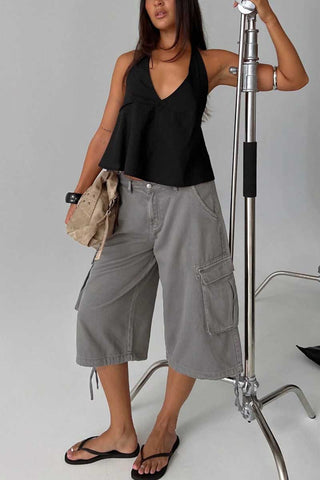 Cargo Pocket Drawstring Hem Capri Jeans