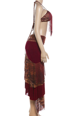 Fringe Halter Top and Skirt Set