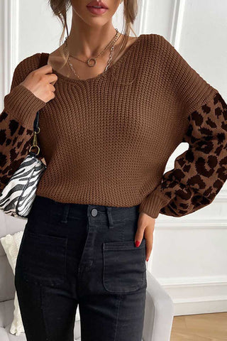 Leopard Sleeve Crew Neck Knit Sweater