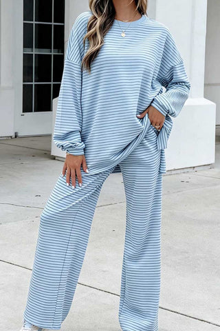 Striped Crew Neck Wide-Leg Pants Set