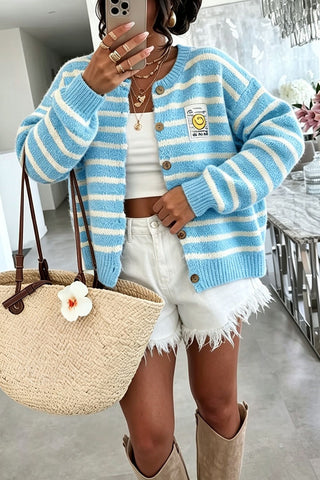 Striped Button-Front Knit Cardigan