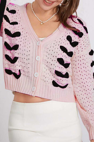Bow Detail V-Neck Puff Sleeve Cardigan