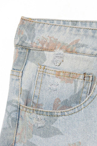 Floral Print Cuffed Wide Leg Jeans