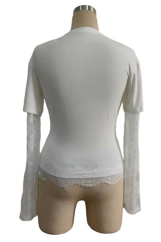 Sheer Lace Sleeve Ruched Crew Neck Top