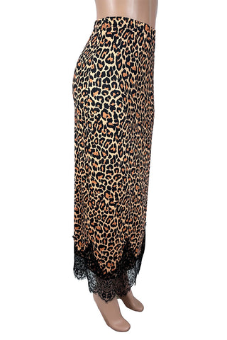 Leopard Print Lace Hem Midi Skirt