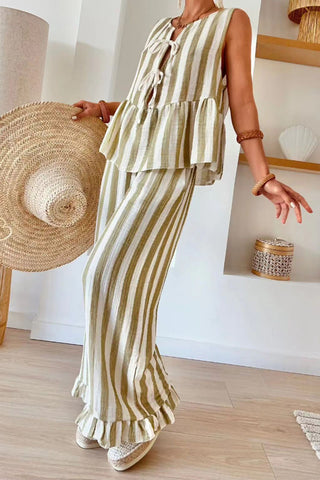 Striped Sleeveless Top and Ruffle Hem Pants Set