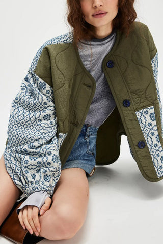 Quilted Geometric Print Sleeve Coat