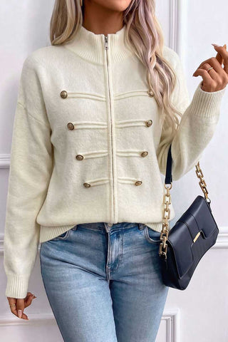 Zip-Front Mock Neck Knit Cardigan