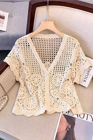 Crochet V-Neck Short Sleeve Blouse