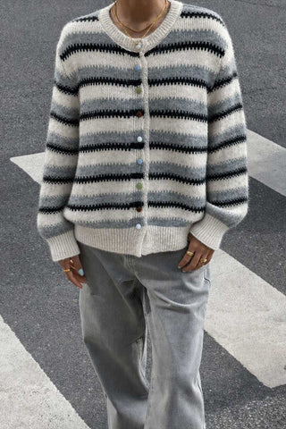 Striped Button Detail Crew Neck Knit Cardigan