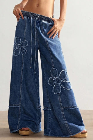 Distressed Flower Patch Wide Leg Jeans