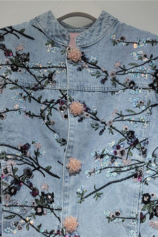 Floral Mandarin Collar Denim Jacket