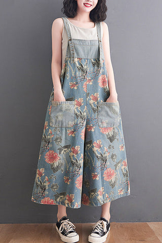 Floral Print Wide-Leg Denim Overalls