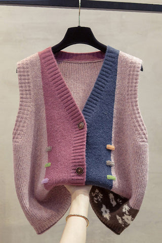 Color-Block Knit Button-Front V-Neck Vest