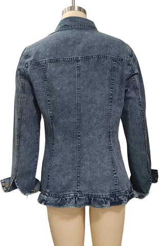 Ruffle Trim Double-Breasted Denim Jacket