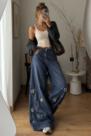 Metal Eyelet Wide-Leg Baggy Jeans