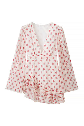 Floral Puff Sleeve Ruffle V-Neck Dress