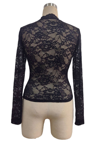 Sheer Floral Lace Mock Neck Long Sleeve Blouse