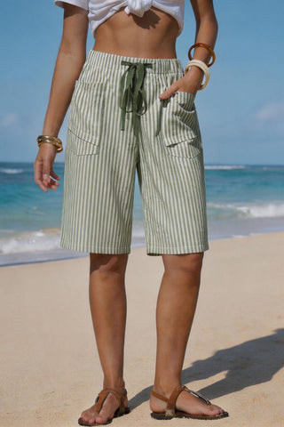 Drawstring Striped Pocket Casual Shorts