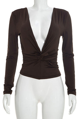 Deep V-Neck Ruched Front Long Sleeve Blouse