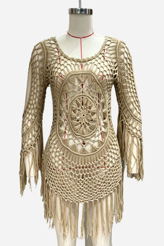 Crochet Fringe Bell Sleeve Mini Dress